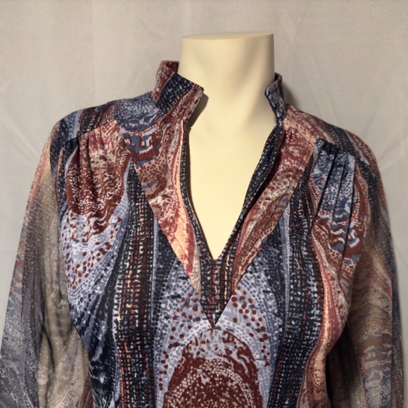 70s Mod Print Boho Blouse Neru Collar V Neck Semi Sheer Sleeves Sz L Made in USA - Picture 2 of 6